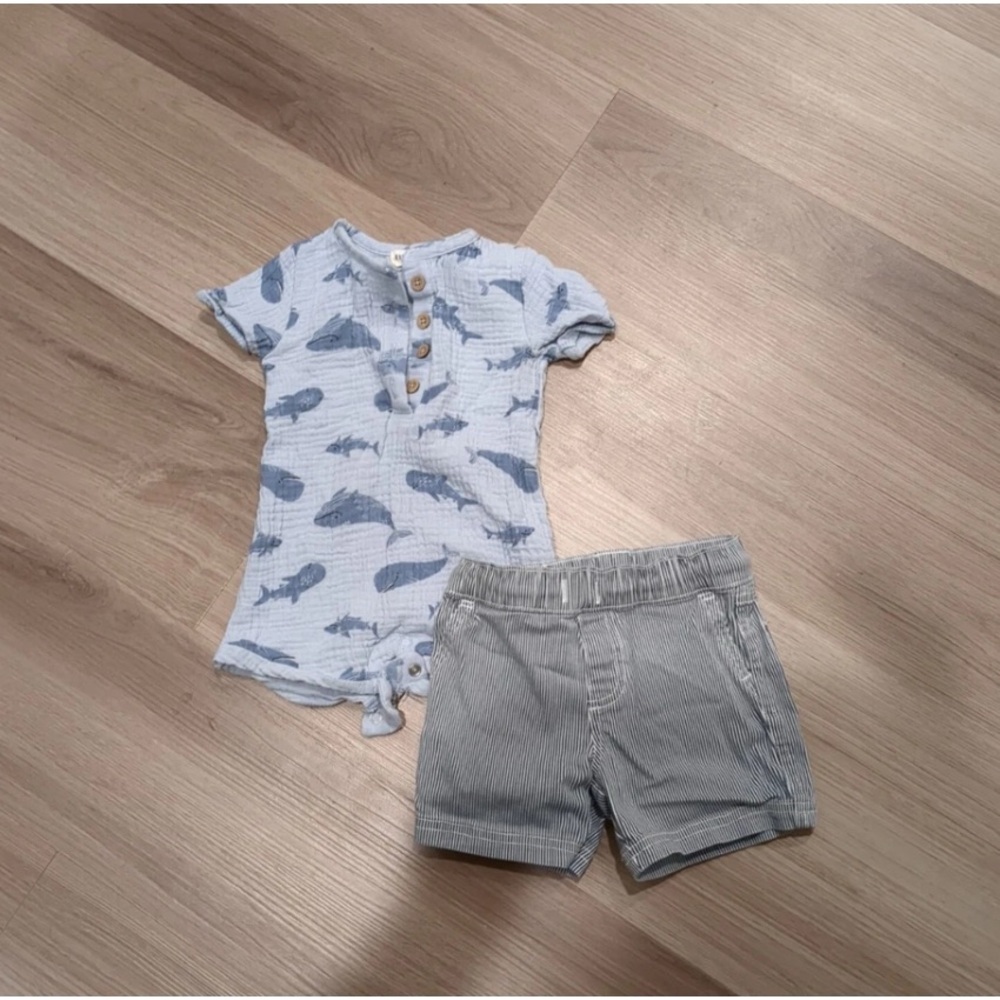 set little boy's rabbit and bear organic button romper and okie dokie shorts